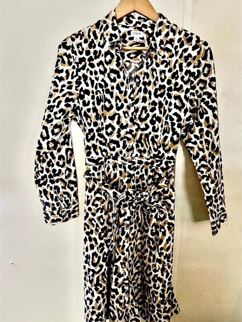 J.Crew Leopard Tie-Waist Shirt-Dress Leopard Print Long Sleeve Midi Dress Size